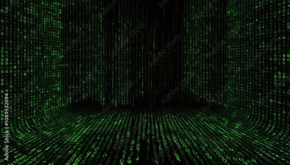 Fototapete immersive matrix-style digital environment with flowing green binary code and 3d grid