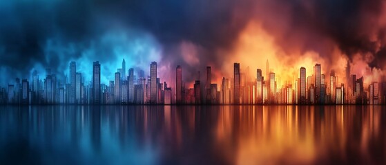 Fototapeta premium Sustainable energy and buildings. A vibrant city skyline reflects contrasting colors of blue and orange, set against a moody, cloud-filled sky, creating a dramatic atmosphere.