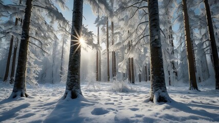 Bright winter forest filled with tall fir trees covered in snow, showcasing a peaceful scene under the sun