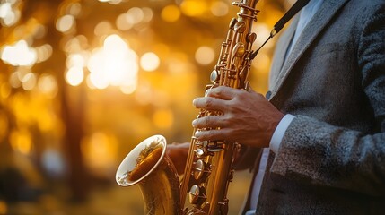 Obraz premium A male African-American musician playing saxophone surrounded by autumn foliage.