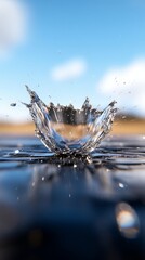  a splash of water on a black surface with a blue sky in the background The water droplet is in the center of the image, creating a dynamic and captivating scene
