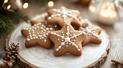 Deliciously decorated star-shaped cookies on a rustic wooden plate.