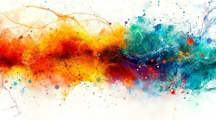  an abstract painting with colorful paint splatters on a white background The painting is composed of a variety of colors, including blues, greens, yellows, and red