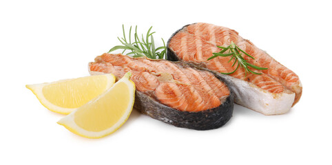 Tasty grilled salmon steaks with lemon and rosemary isolated on white