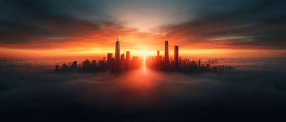 Fototapeta premium Elevated Bridges Linking Skyscrapers, Glowing Above the Clouds 