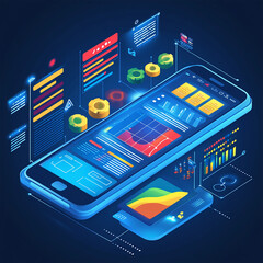 Smartphone application displaying business graphs and analytics data on an isometric mobile phone. It involves analyzing trends and financial strategies using infographic charts.