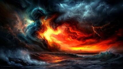  a beautiful sunset over the ocean with a large wave crashing against the shore The sky is filled with dark clouds and the sun is setting in the background, casting