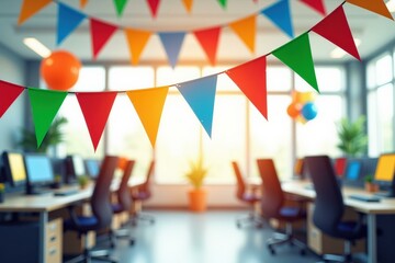 Bright Office Celebration with Colorful Bunting and Balloons, Perfect for Office Party or Event Decoration