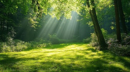 Obraz premium Sunbeams Illuminate Lush Green Forest Clearing