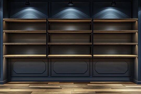 Dark wooden shelves with warm lighting and symmetrical design, adding depth to a sleek interior