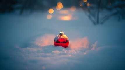 A Single Red Ornament Rests In Winter Snow