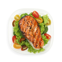 Tasty grilled salmon steak and vegetables isolated on white, top view