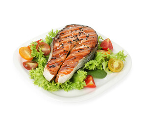 Tasty grilled salmon steak and vegetables isolated on white