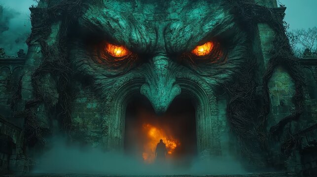  a demonic creature with red eyes standing in front of a building, surrounded by trees and a sky in the background The creature appears to be from the game The Elde