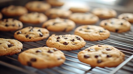 Naklejka premium Freshly baked chocolate chip cookies cooling on a wire rack.