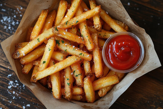 A portion of crispy French fries served in a paper wrapper on a wooden surface. 