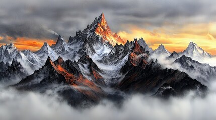  a majestic mountain range with snow-capped peaks and clouds in the sky, illuminated by a beautiful sunset The resolution of the image is 1920x1080, making it perfe