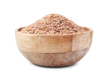 Buckwheat bran in wooden bowl isolated on white