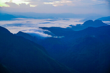 Majestic mountain sunrise over cloud valley scenic landscape nature photography serene environment aerial view tranquility and beauty