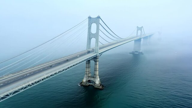 Bridge over the river in morning fog. Abstract suspension bridge on natural landscape with aerial view