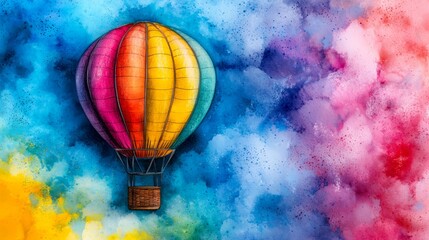 Obraz premium a colorful hot air balloon floating in the sky, with a variety of vibrant colors including blues, greens, yellows, and pinks The balloon is painted in a watercolor
