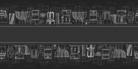 Mechanical engineering drawings on black background. Tap tools, borer. Technical Design. Cover. Blueprint. Seamless pattern. Vector illustration.