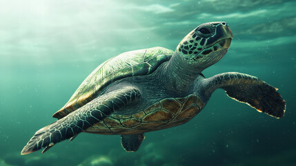 Obraz premium climate change pollution resilience. Resilient sea turtle swimming in ocean waters no body