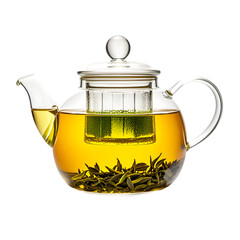 Hot green tea in glass teapot on transparent background