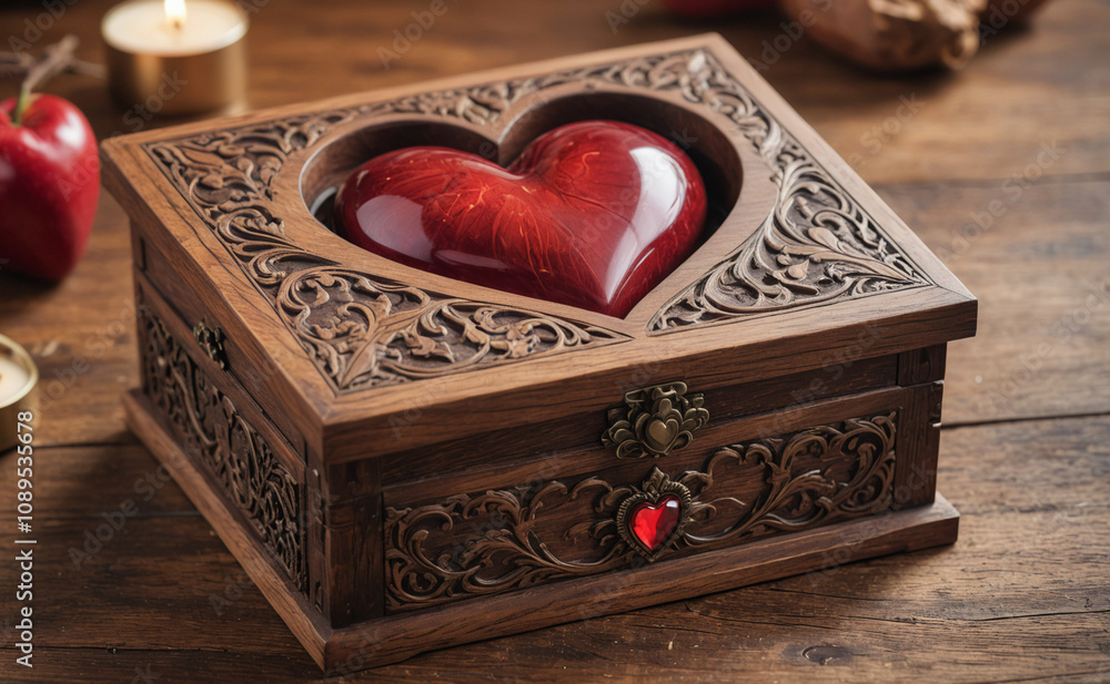 Poster a wooden box with a heart carved into it. the heart is red and sits inside the box. the box is place