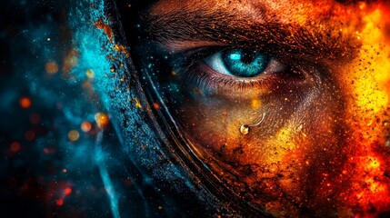 Naklejka premium a man's face with blue eyes and a piercing in the middle of it, surrounded by a vibrant and colorful background of blue, orange, yellow, red, and black