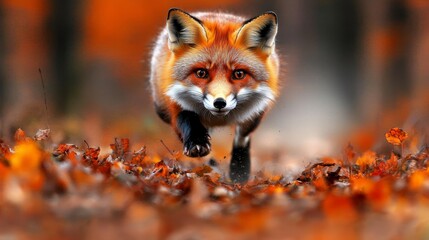  a red fox running through the leaves in the woods, with a blurred background The fox is surrounded by a variety of autumn leaves, giving the image a warm and cozy