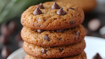 A stack of freshly baked chocolate chip cookies on a plate.