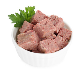 Canned meat with fresh parsley in bowl isolated on white