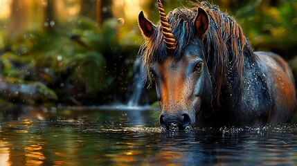Fototapeta premium a horse with a long mane standing in the water, surrounded by a blurred background The resolution of the image is 1920x1080, making it suitable for use as a deskto