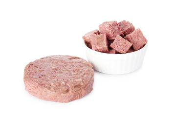 Bowl with canned meat isolated on white
