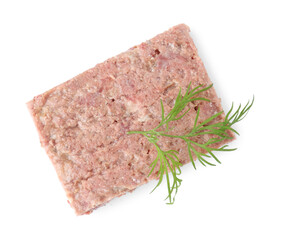 Canned meat with fresh dill isolated on white, top view