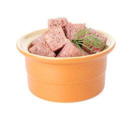 Canned meat with fresh dill in bowl isolated on white