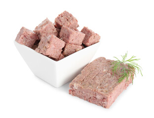 Canned meat with fresh dill isolated on white