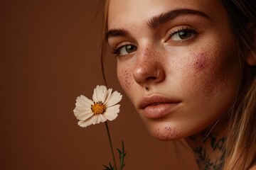 A woman with distinctive freckles holds a colorful flower, suggesting a moment of serenity and appreciation for nature