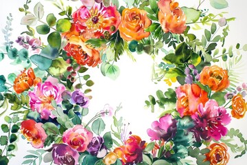 A delicate watercolor painting of a floral wreath, perfect for spring or summer designs