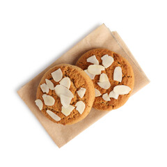 Tasty cookies with almond flakes isolated on white, top view