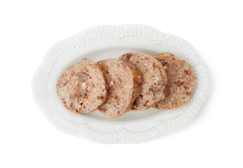 Canned meat isolated on white, top view