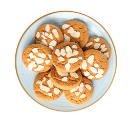 Tasty cookies with almond flakes isolated on white, top view