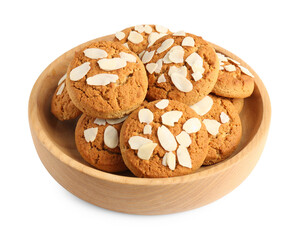 Tasty cookies with almond flakes in bowl isolated on white