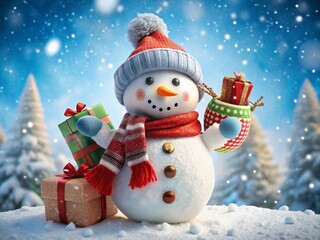 Snowman with Gifts in Snow Scene