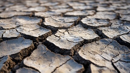 Dry cracked earth surface in a desert landscape showing signs of drought.