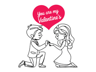 Happy valentines's Day! A continuous line art of a boy on his knees proposing to a girl on a white background. 