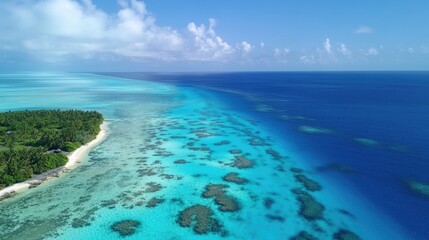 An aerial view of a tropical island surrounded by turquoise waters in the middle of the ocean, suitable for travel or nature-related projects