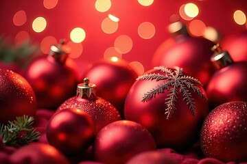 Fototapeta premium Bright Red Christmas Ornaments with Sparkling Lights and Pine Cones, Perfect for Festive Holiday Decorations