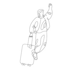 Young man flying with a suitcase isolated on white background